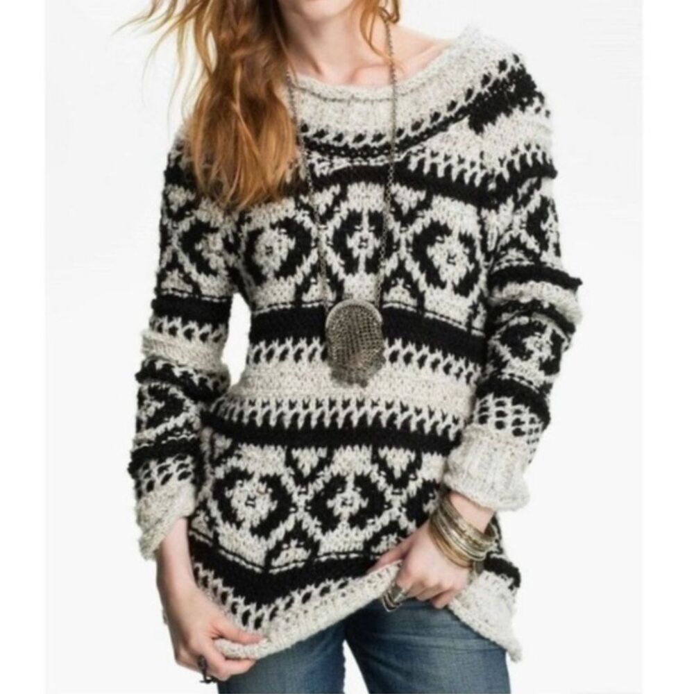 Free People Silver Reed Sweater Chunky Knit Alpaca Wool Fair Aisle Cream Black L